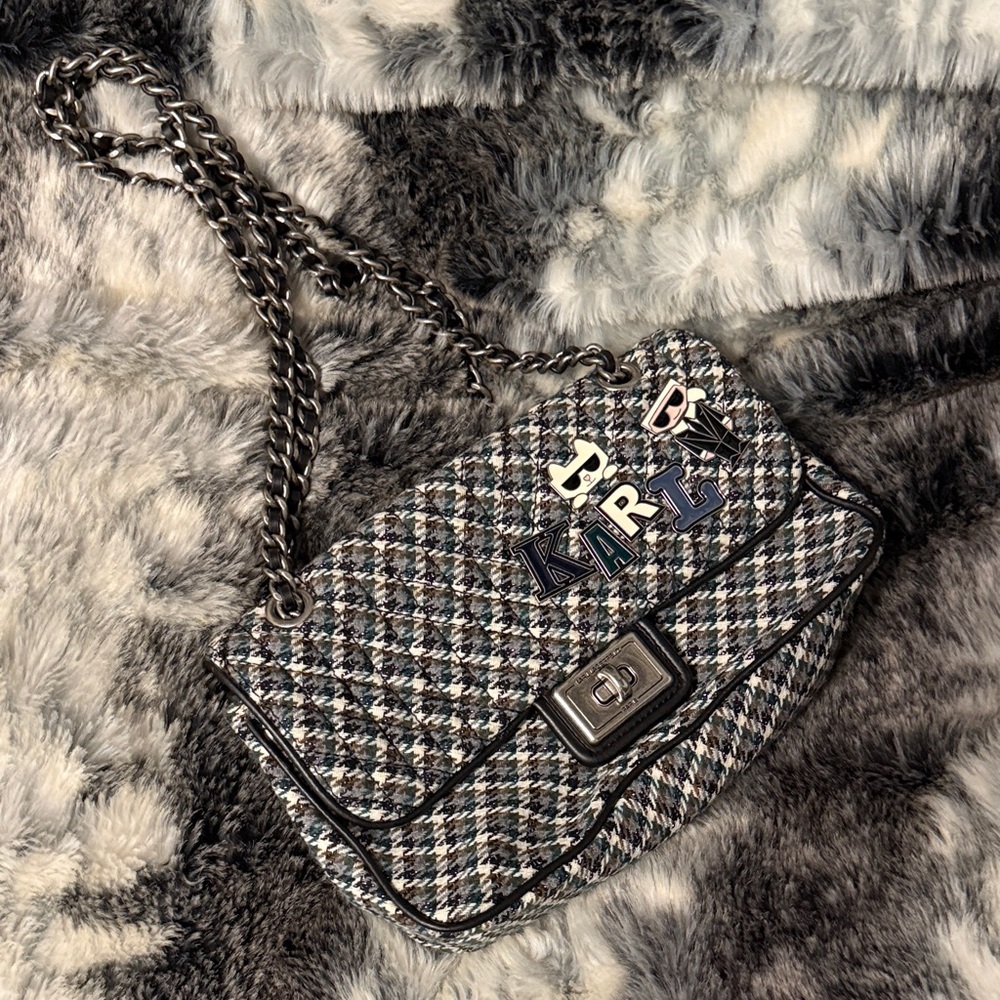 Karl Lagerfeld Black and White Tweed Shoulder Bag